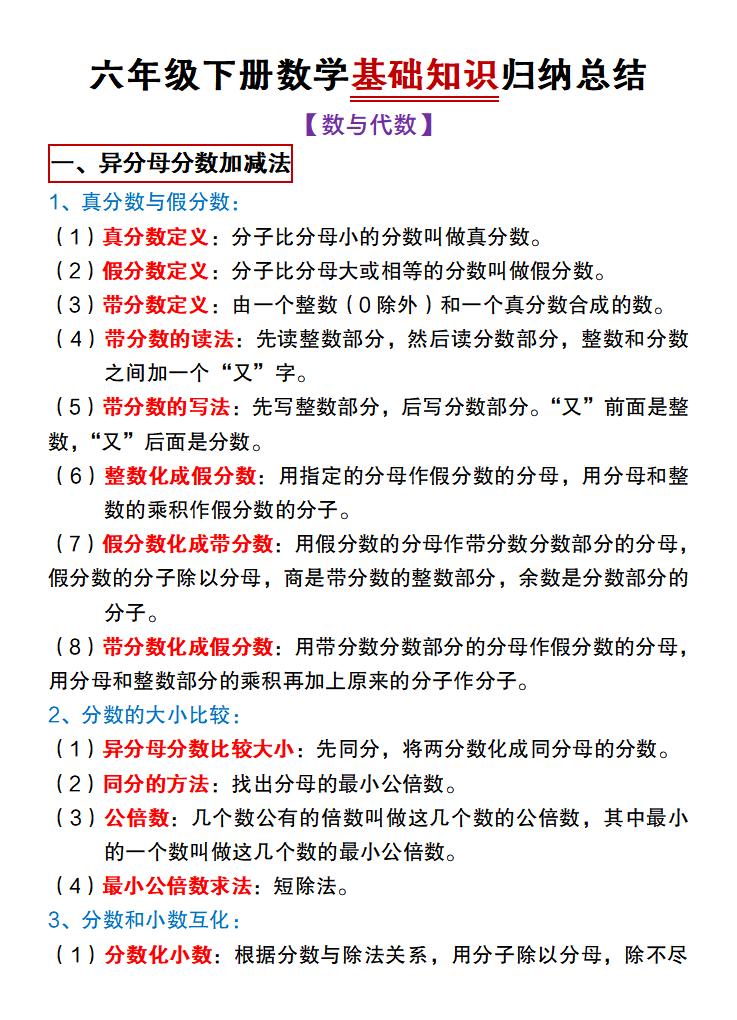 【冀教版】六年级下册数学基础知识归纳总结金榜学科-专注整理分享幼、小、初、高学科教资，一站式解决孩子学习资料难题，帮助孩子全方位提升成绩。金榜学科