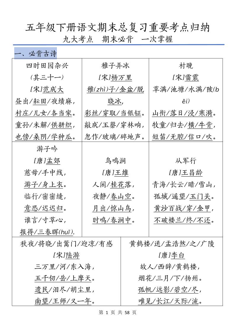 五下语文期末总复习重要考点归纳-吾爱自习网