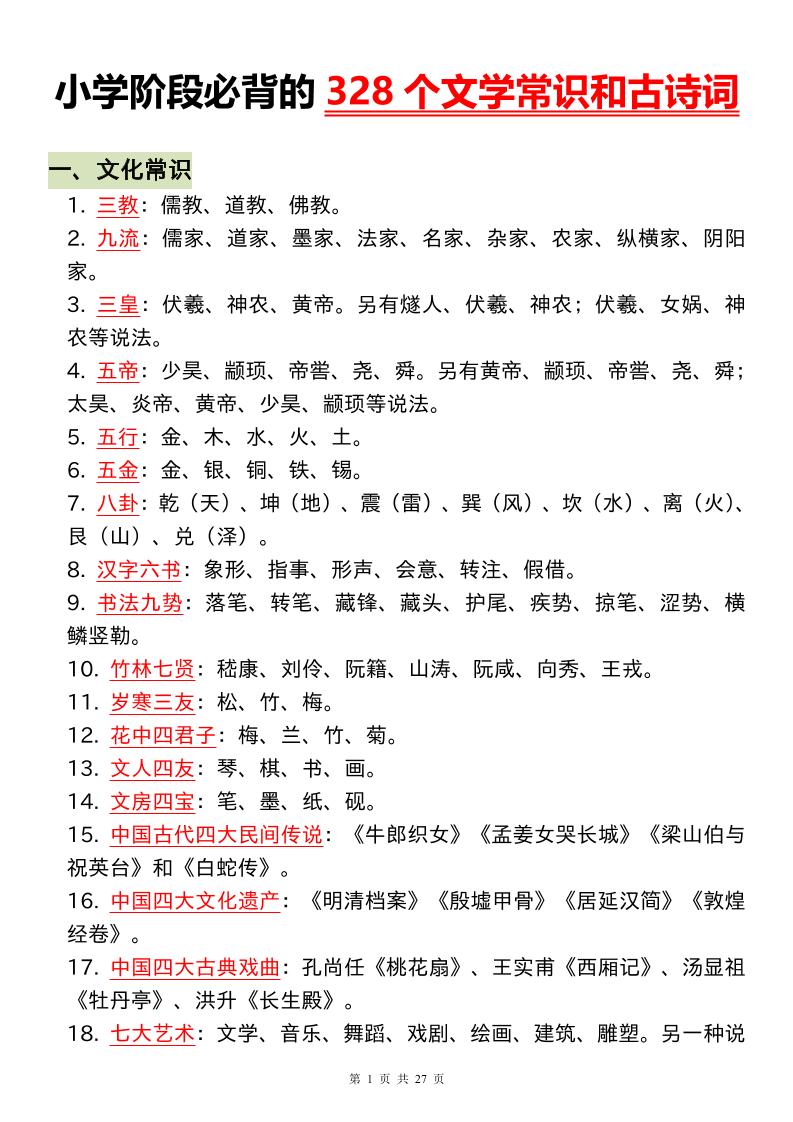 小升初語文必背的328個文學常識和古詩詞