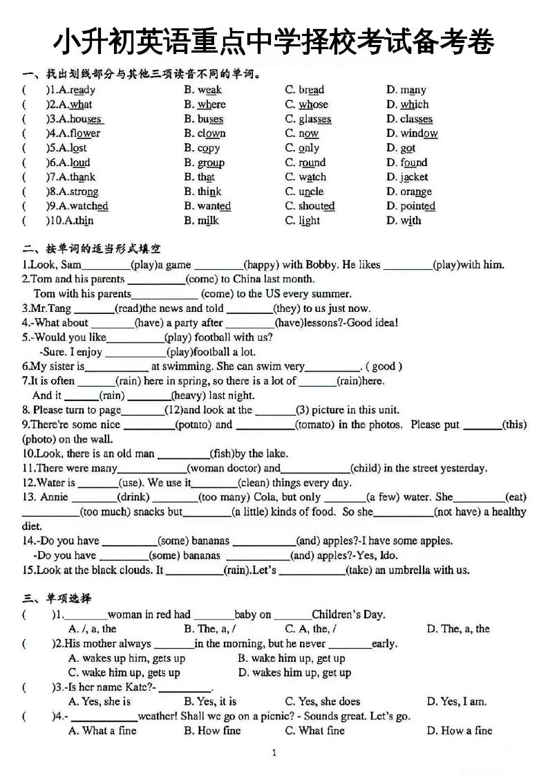 小升初英语【重点中学择校考试备考卷】-吾爱自习网