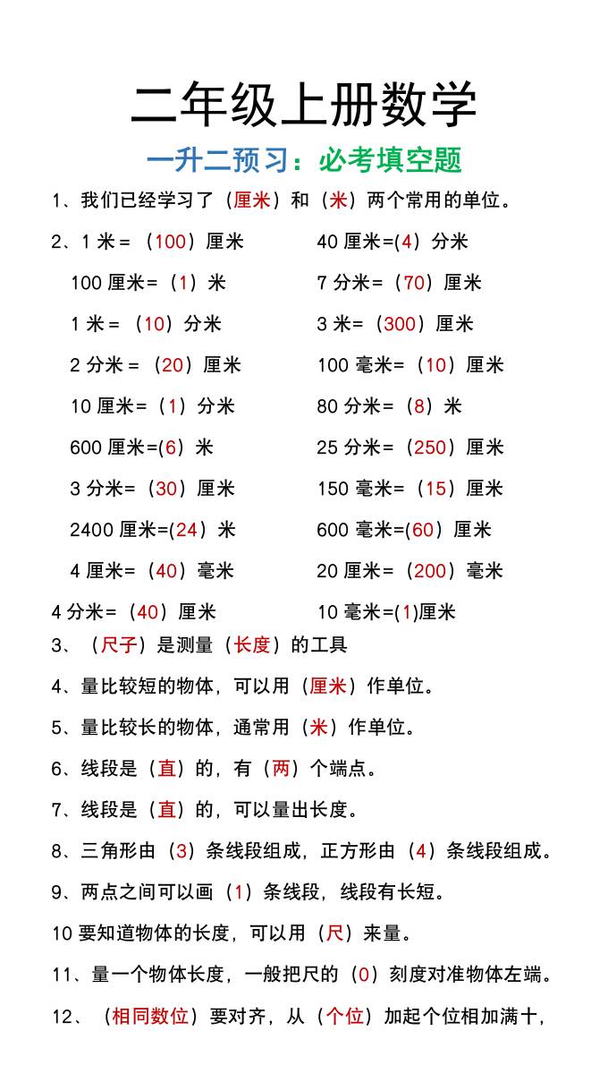二年级上册数学暑假预习必做《重点填空题》-教辅资料