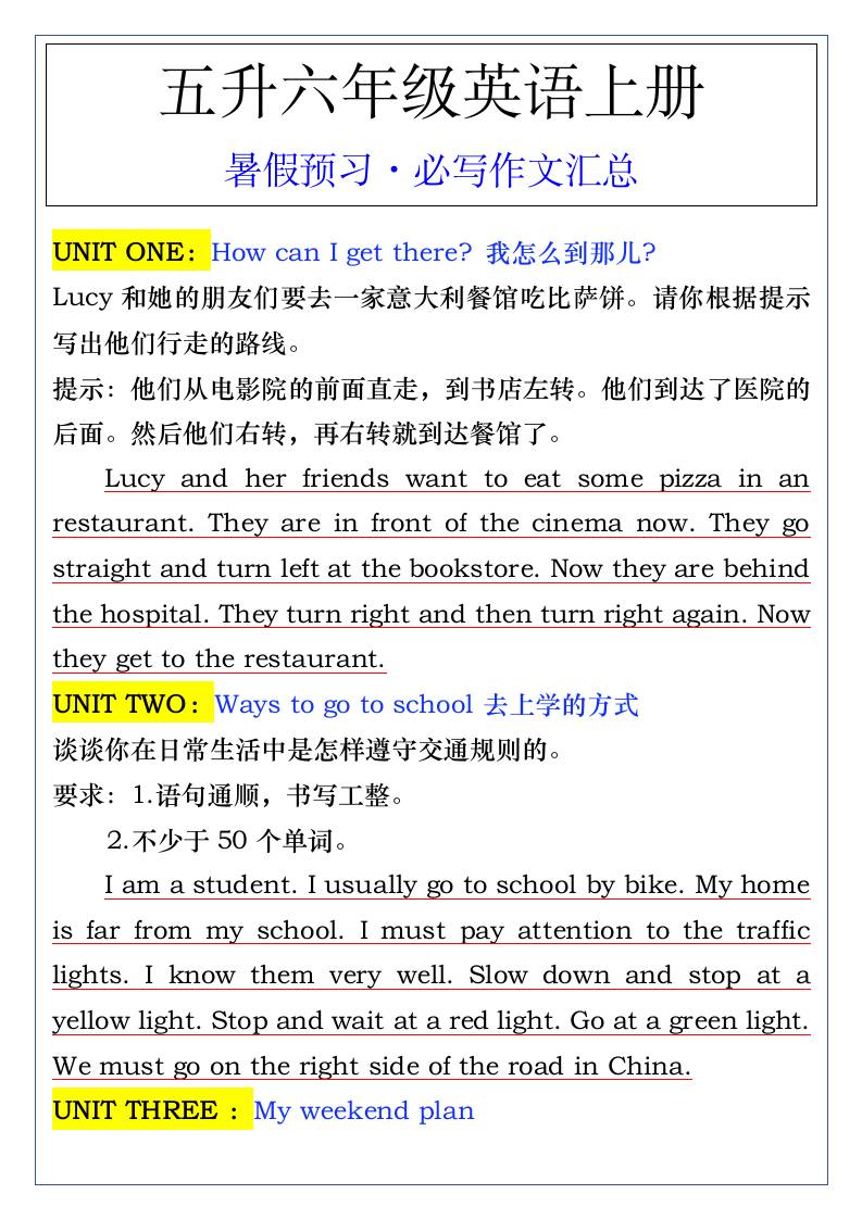 五升六年级英语上册暑假预习·必写作文汇总-六上英语-吾爱自习网