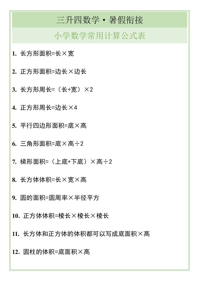 三升四暑假衔接，小学数学常用计算公式表-四上数学-吾爱自习网