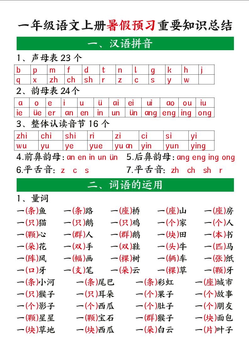 一上语文【暑假预习重要知识总结】-吾爱自习网