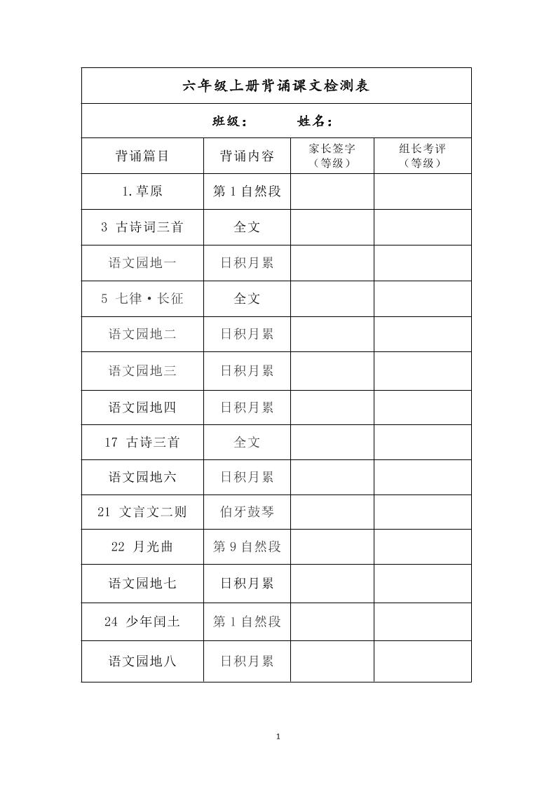 六年级上册背诵课文检测表及内容-语文-吾爱自习网