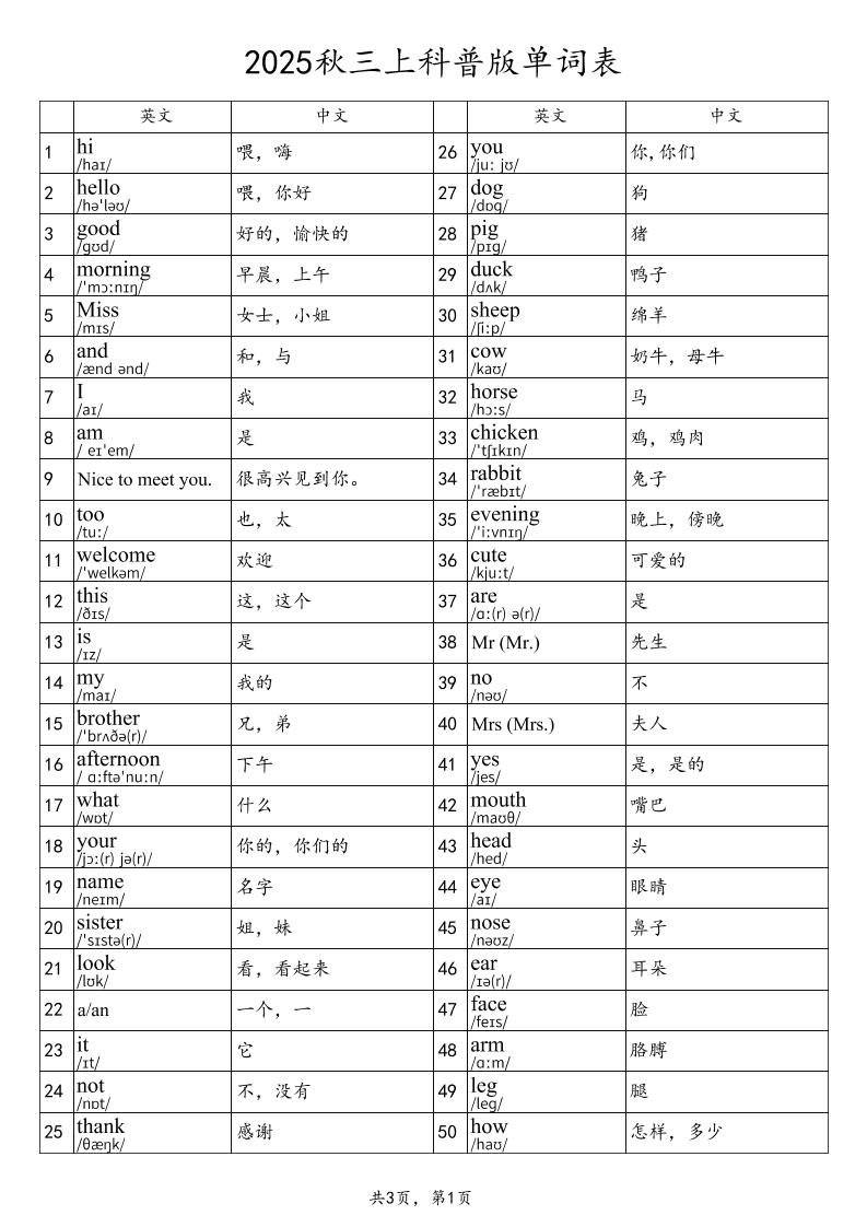 2025秋三上英语科普版单词表-吾爱自习网