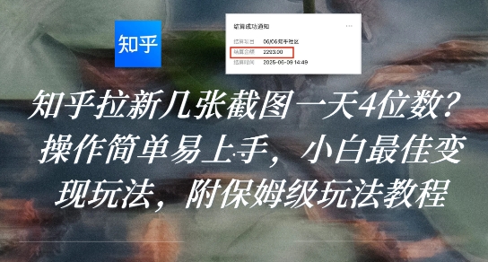 知乎拉新几张截图一天4位数？操作简单易上手，小白最佳变现玩法，附保姆级玩法教程-精品虚拟资源库