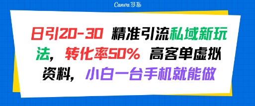 日引 20-30 精准引流私域新玩法，转化率50% 高客单虚拟资料，小白一台手机就能做-小艾网创