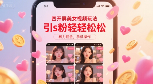 四开屏美女视频玩法，引s粉轻轻松松，暴力掘金，手机操作【揭秘】-小艾网创