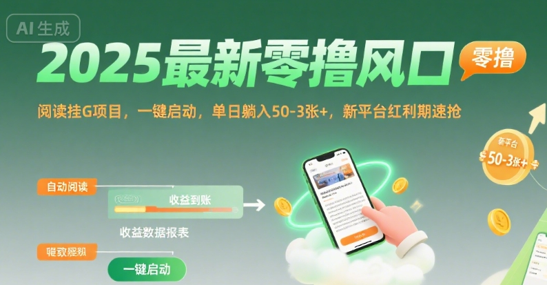 2025最新零撸风口，阅读挂G项目，一键启动，单日躺入 50-3张+，新平台红利期速抢【揭秘】-小艾网创