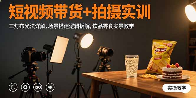 短视频带货+拍摄实训：三灯布光法详解,场景搭建逻辑拆解,饮品零食实景教学-小艾网创