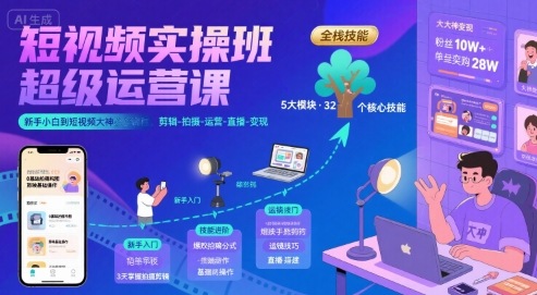 短视频实操班超级运营课，新手小白到短视频大神必修课程，剪辑-拍摄-运营-直播-变现-小艾网创