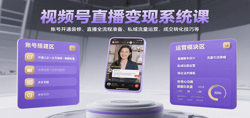 视频号直播变现系统课，账号开通装修、直播全流程准备、私域流量运营、成交转化技巧等-精品虚拟资源库