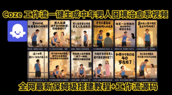 coze工作流一键生成”中年男人困境扎心高涨粉高播放量图文视频”保姆级拆解教程，无需剪辑，无需拍摄写文案-七七项目网