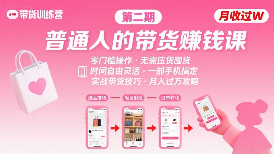 小红书带货第二期训练营，普通人月收过W的带货课，时间自由，零门槛无压货，一部手机即可操作-白马联创