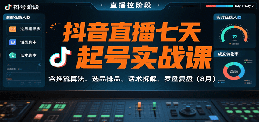 抖音直播七天起号实战课：含推流算法、选品排品、话术拆解、罗盘复盘(8月)-棕熊云分享