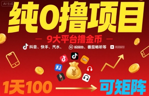 纯0撸项目，9大平台撸金币，抖音，快手，汽水，番茄畅听等，1天100，可矩阵-巴叔叔资源网