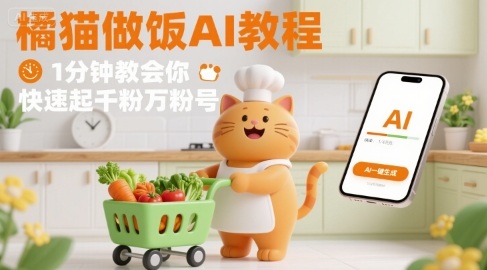 有趣的橘猫买菜做饭视频，用AI一键搞定，1分钟教会你，快速起千粉万粉号汇通分享-专注分享网络创业项目实操课程 – 全网首发_高质量创业项目输出汇通分享