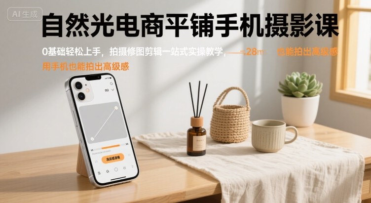 自然光电商平铺手机摄影课，0基础轻松上手，拍摄修图剪辑一站式实操教学，用手机也能拍出高级感-白马联创