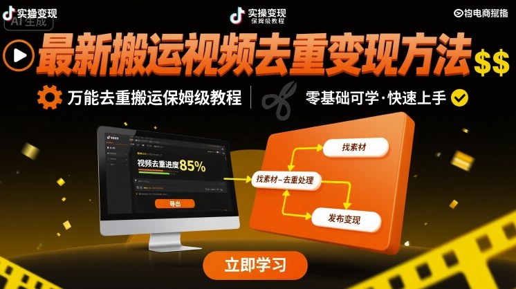 最新搬运视频去重变现方法，万能去重搬运保姆级教程汇通分享-专注分享网络创业项目实操课程 – 全网首发_高质量创业项目输出汇通分享