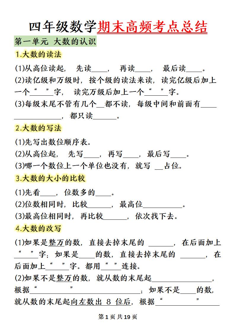 四上数学（人教版）必背知识点总结填空-副业联盟