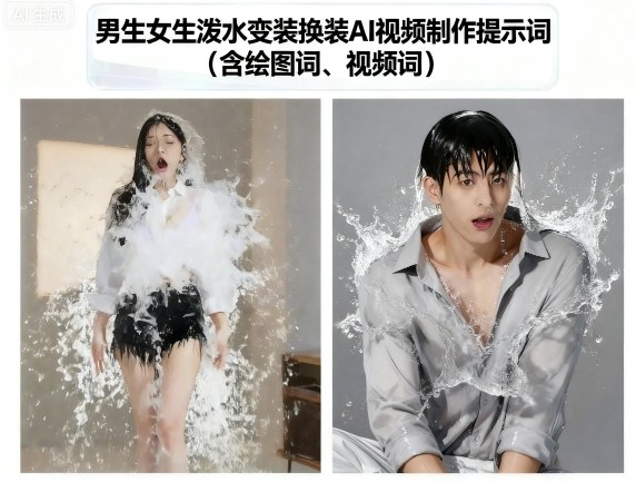 男生女生泼水变装换装AI视频制作提示词(含绘图词、视频词) - 宏盛创业网-宏盛创业网