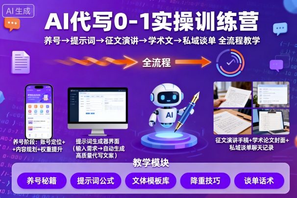 AI代写0-1实操训练营，从养号、提示词、征文演讲、学术文，到私域谈单的全流程教学汇通分享-专注分享网络创业项目实操课程 – 全网首发_高质量创业项目输出汇通分享