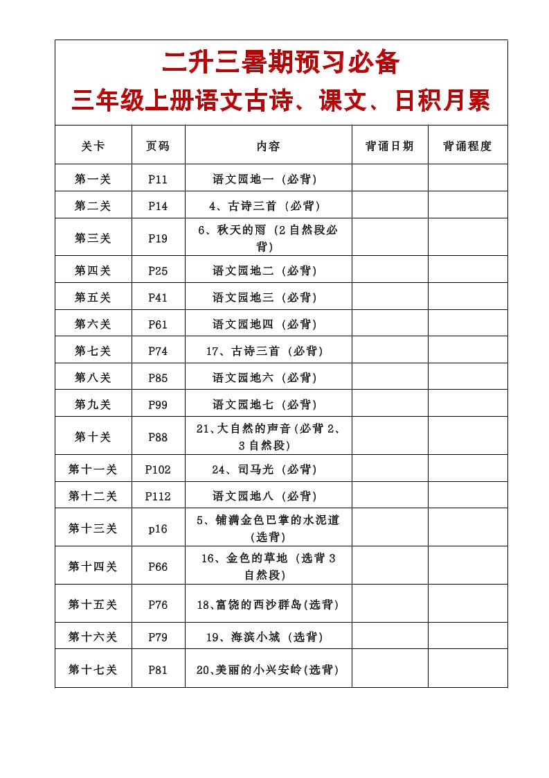 三年级语文上册课文必背内容-迦哆网创社