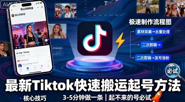 最新Tiktok快速搬运快速起号方法，3-5分钟做一条，起不来的号可以试试-胜利号