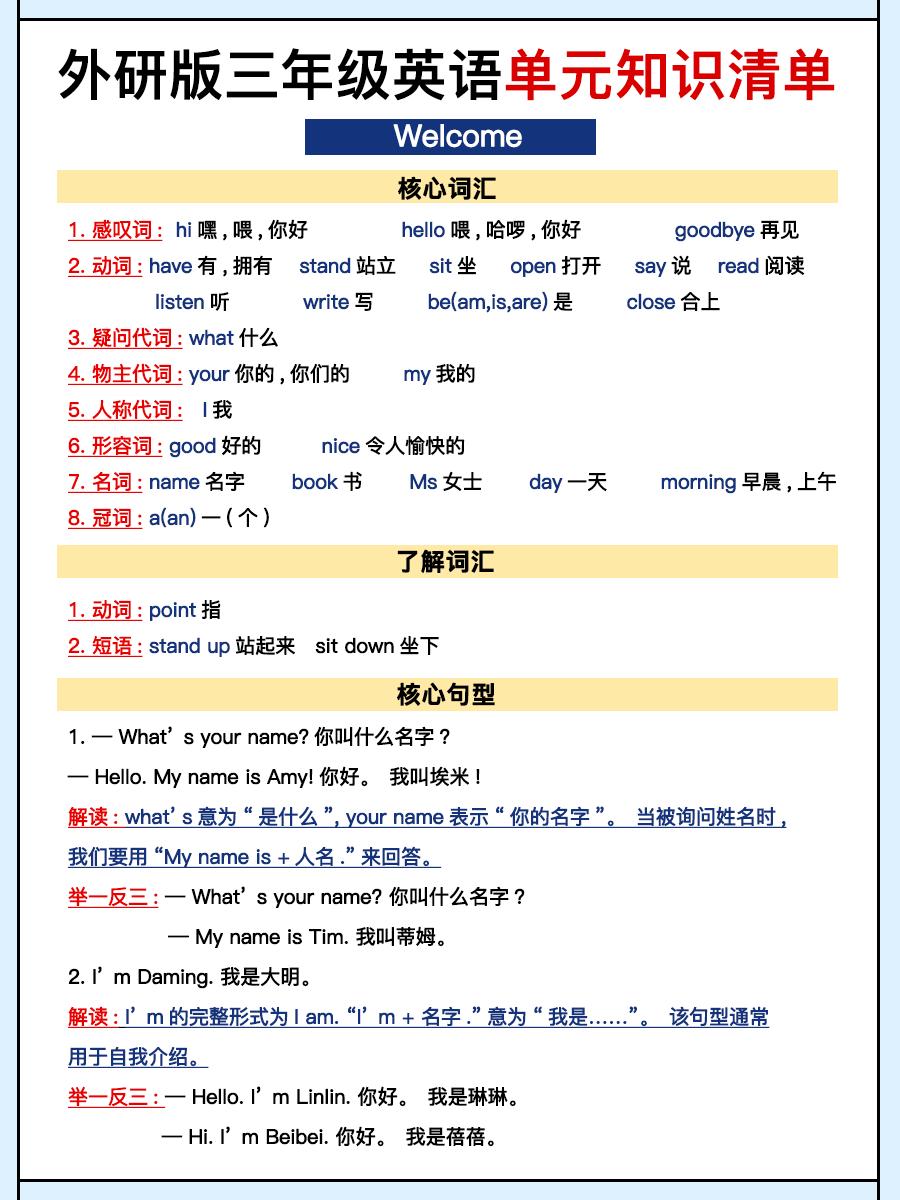 外研三上英语知识清单全-自学网资源