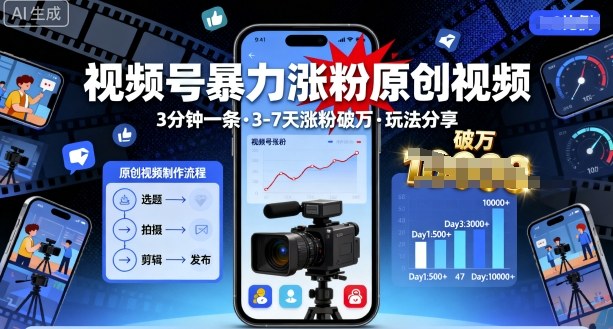 视频号暴力涨粉原创视频，3分钟一条原创视频，3-7天涨粉破万，玩法分享给你-云创项目库