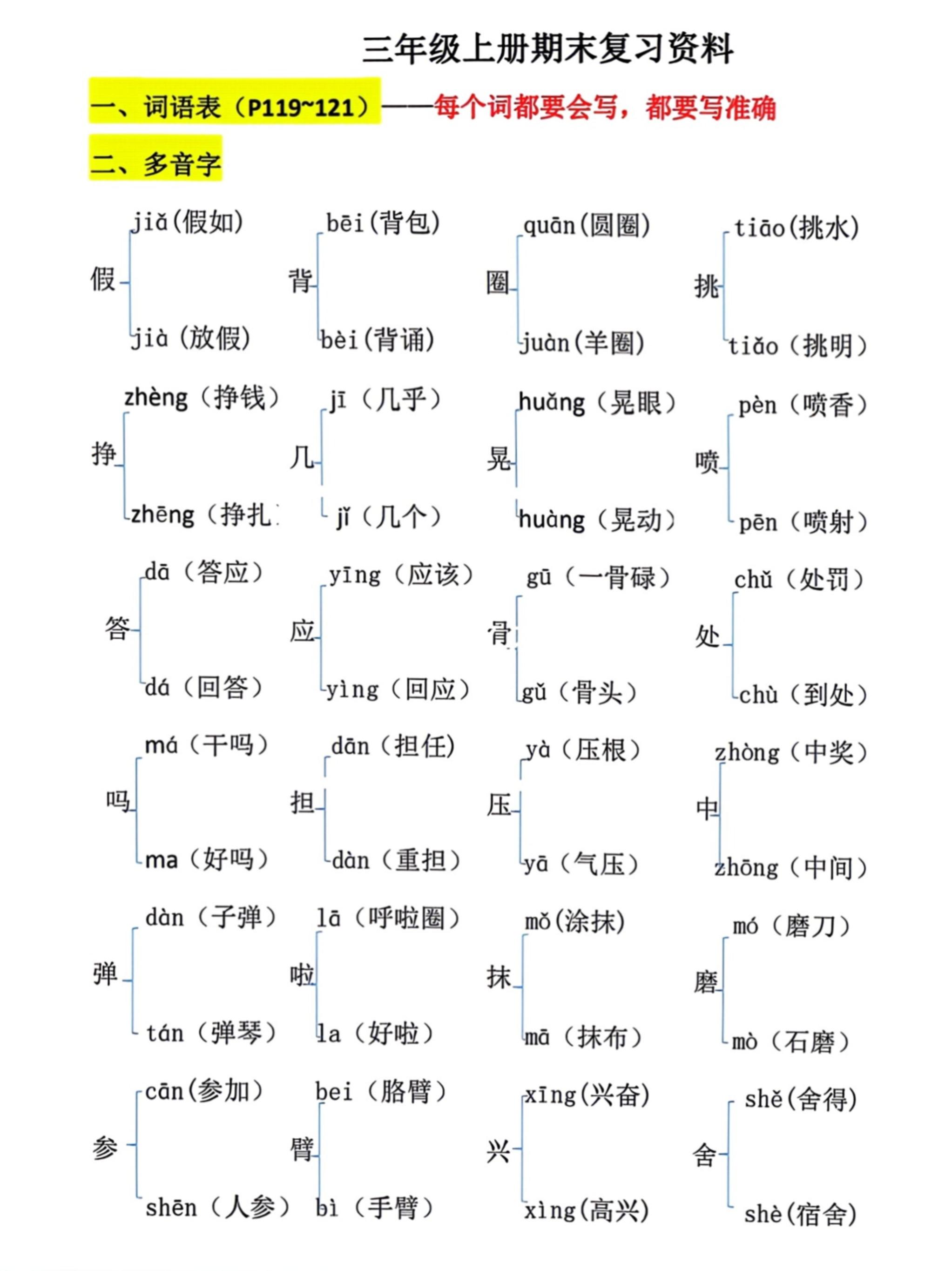 三上语文期末复习必考汇总-天云资源网