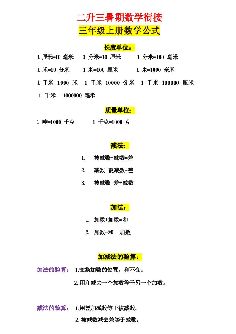 三年级上册数学公式-吾爱自习网