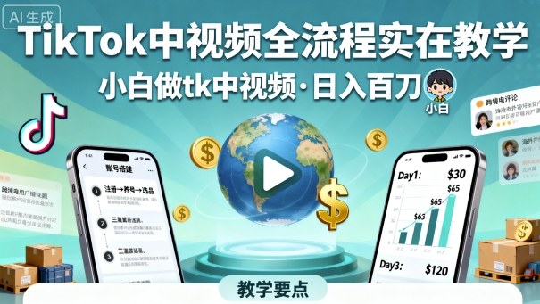 TikTok中视频全流程实操教学，小白做tk中视频，日入百刀汇通分享-专注分享网络创业项目实操课程 – 全网首发_高质量创业项目输出汇通分享