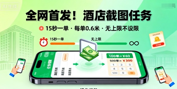 全网首发！酒店截图任务，15秒一单，每单0.6米，任务无上限不设限，矩阵操作单日3张到手【揭秘】-风口项目网_项目资源_网络赚钱副业分享_创业项目_兼职副业_中创网_抖音教程