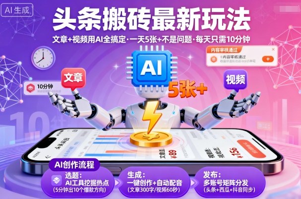 头条搬砖最新玩法，文章+视频用AI全搞定，一天5张+不是问题，每天只需10分钟汇通分享-专注分享网络创业项目实操课程 – 全网首发_高质量创业项目输出汇通分享