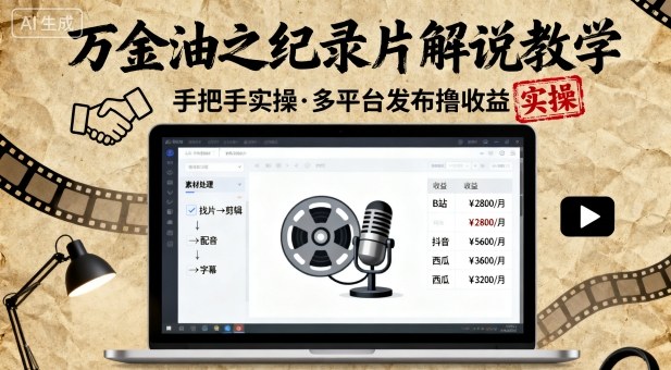 万金油之纪录片解说教学，手把手教你，完全实操，多平台发布撸收益汇通分享-专注分享网络创业项目实操课程 – 全网首发_高质量创业项目输出汇通分享