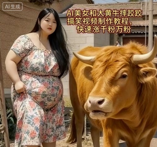 AI美女和大黄牛摔跤搞笑荒诞视频制作教程，快速涨千粉万粉汇通分享-专注分享网络创业项目实操课程 – 全网首发_高质量创业项目输出汇通分享