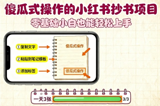 傻瓜式操作的小红书抄书项目，会复制粘贴就行，零基础小白也能一天3张-新时光资源网