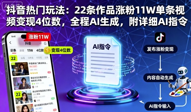 抖音热门玩法：22条作品涨粉11W单条视频变现4位数，全程AI生成，附详细AI指令-新时光资源网