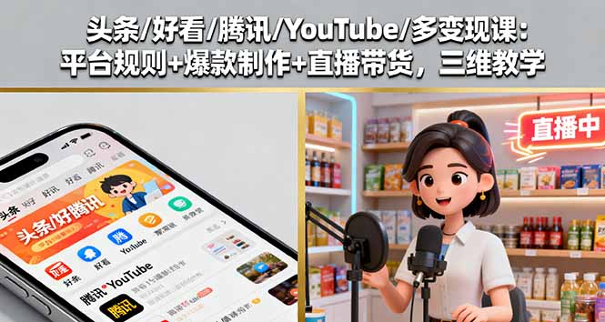 头条/好看/腾讯/YouTube/多变现课：平台规则+爆款制作+直播带货，三维教学汇通分享-专注分享网络创业项目实操课程 – 全网首发_高质量创业项目输出汇通分享
