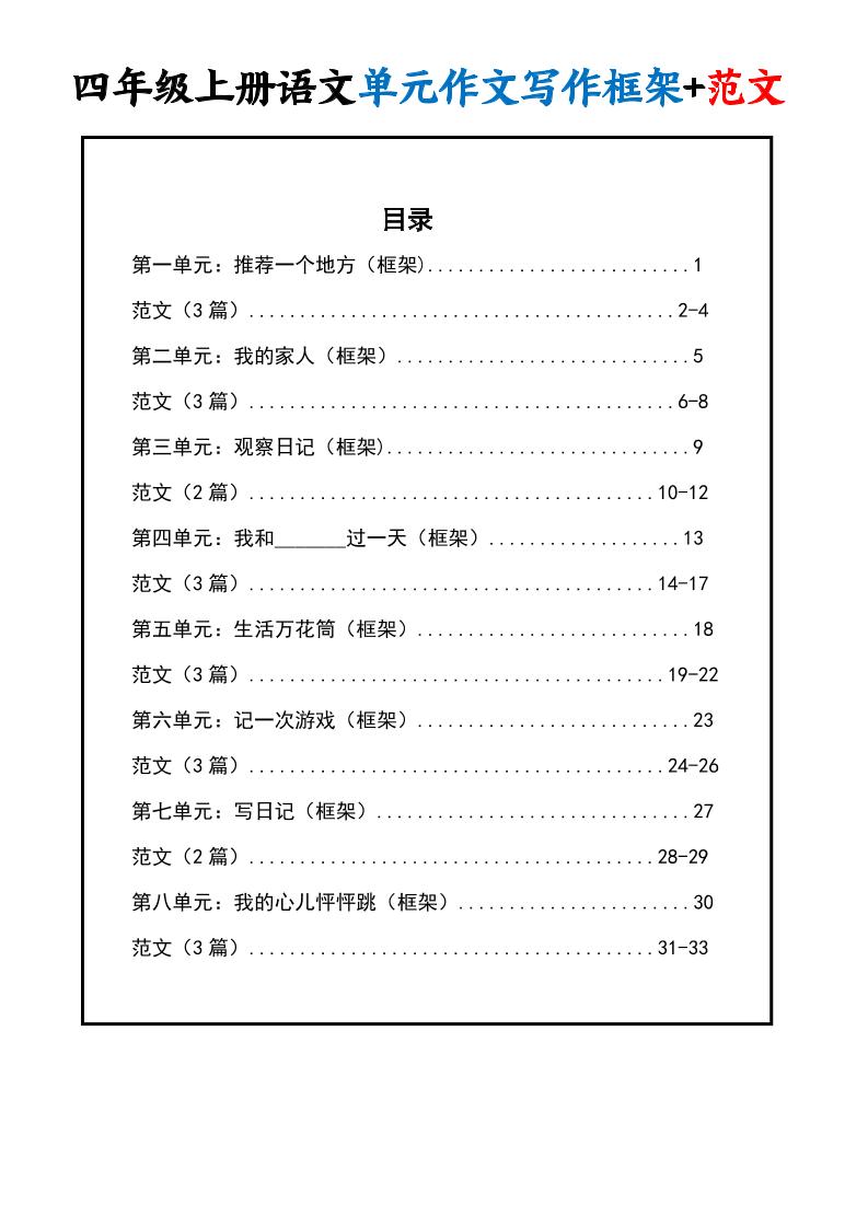 四上语文1-8单元作文写作框架+范文34页 - 副业联盟-副业联盟