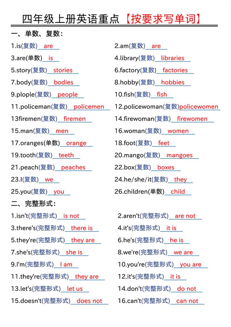 四年级上人教PEP版英语重点按要求写单词（答案） - 副业联盟-副业联盟