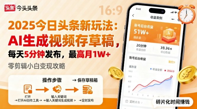2025年今日头条躺賺新玩法，AI生成视频存草稿，每天5分钟发布，最高月1W+【揭秘】汇通分享-专注分享网络创业项目实操课程 – 全网首发_高质量创业项目输出汇通分享