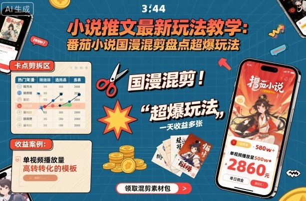 小说推文最新玩法教学，番茄小说国漫混剪盘点超爆玩法，全程干货，一天收益多张-旺仔资源库