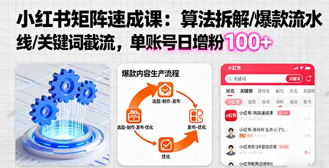 小红书矩阵起号速成课：算法拆解/爆款流水线/关键词截流 单账号日增粉100+汇通分享-专注分享网络创业项目实操课程 – 全网首发_高质量创业项目输出汇通分享