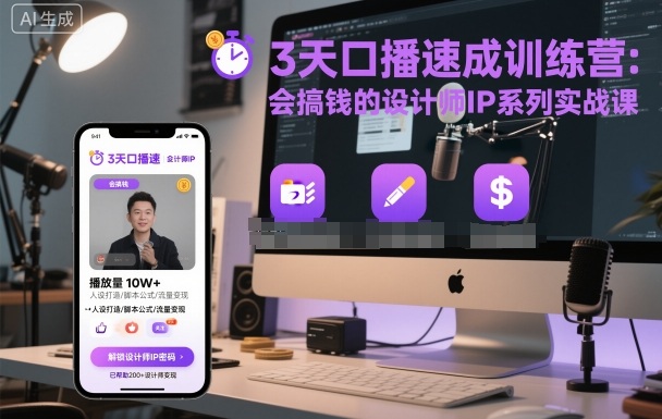 3天口播速成训练营，会搞钱的设计师IP系列实战课汇通分享-专注分享网络创业项目实操课程 – 全网首发_高质量创业项目输出汇通分享