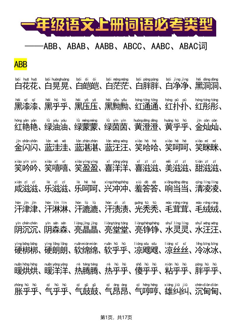 新一上语文词语必考类型(ABB、ABAB、AABB、ABCC、AABC、ABAC、ABCB类词语)17页 - 副业联盟-副业联盟