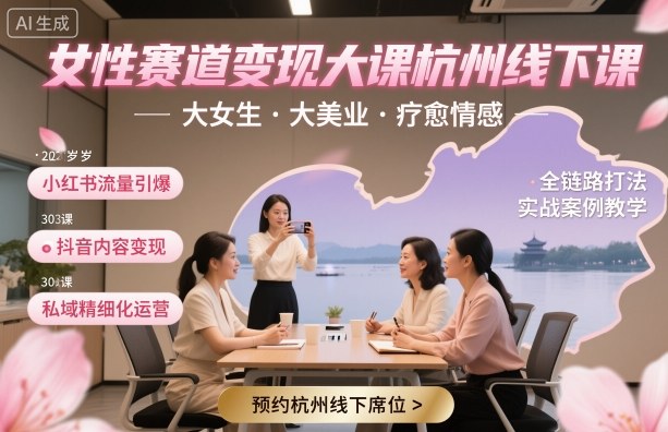 女性赛道变现大课杭州线下，大女生，大美业，疗愈情感，一套小红书、抖音、私域全链路打法汇通分享-专注分享网络创业项目实操课程 – 全网首发_高质量创业项目输出汇通分享