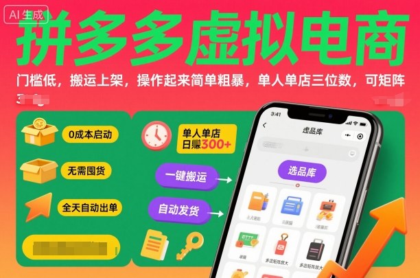 拼多多虚拟电商，门槛低，搬运上架，操作起来简单粗暴，单人单店三位数，可矩阵汇通分享-专注分享网络创业项目实操课程 – 全网首发_高质量创业项目输出汇通分享